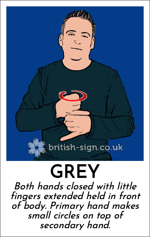 Grey: Both hands closed with little fingers extended held in front of body. Primary hand makes small circles on top of secondary hand.